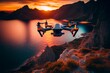 Drone flying at sunset. Qudrocopter in sky