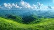 Beautiful green grassy hills with blue sky and white clouds in the background. Panoramic view of mountain landscape. Created with Ai