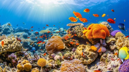 Canvas Print - A panoramic underwater shot capturing a thriving coral reef bathed in sunlight, highlighting the diversity of marine life.