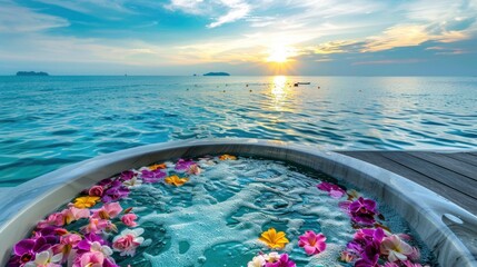 Poster - Luxurious bathtub with colorful flowers with sea and sky views.AI generated image