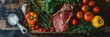 Fresh Assortment of Diverse Vegetables,Herbs,and Meat on Rustic Wooden Background for Homemade Cooking and Healthy Meal