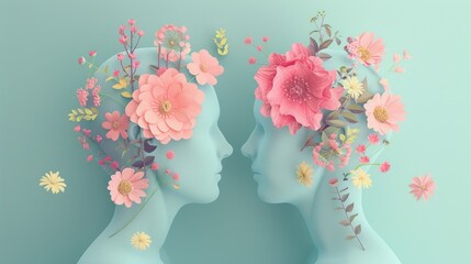 Wall Mural - Two women with flowers on their heads. The flowers are pink and yellow. The women are looking at each other