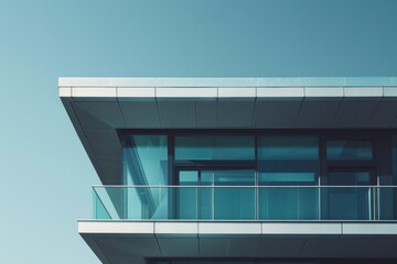 Wall Mural - A tall building with a glass balcony and a clear blue sky in the background. The building has a modern and sleek design