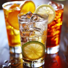 Poster - Refreshing Citrus-Infused Cocktail in Transparent Glass with Lemon Wedge and Ice Cubes Against Blurred Backdrop