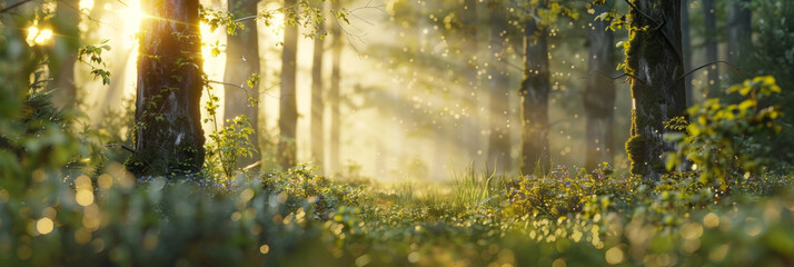 Sticker - Sunlit Forest Glade with Enchanting Rays of Light Streaming Through the Lush Foliage,Evoking a Magical and Serene Atmosphere