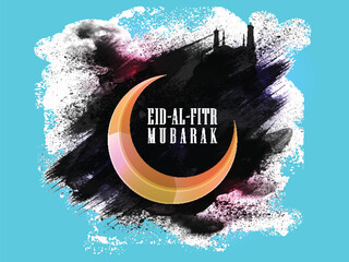 Sticker - Creative Glossy Crescent Moon on stylish abstract background with Mosque for Islamic Holy Festival, Eid-Al-Fitr celebration.