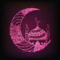 Canvas Print - Beautiful floral design decorated, Glowing Crescent Moon with Mosque on purple background for Islamic Festivals celebration.