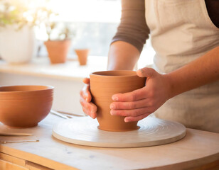 A potter molds a clay pot on a spinning potters wheel, bathed in warm sunlight.