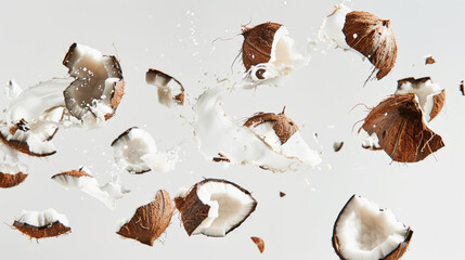 Wall Mural - Splash of floating pieces of broken coconut. Coconut in motion. Light aesthetic background. Food concept. Generative AI