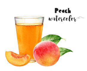 Wall Mural - Watercolor illustration of peaches and juice close-up. Design template for packaging, menu, postcards.