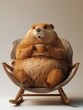groundhog with cup of coffee, cute fluffy marmot in rocking chair
