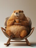 Fototapeta Big Ben - groundhog with cup of coffee, cute fluffy marmot in rocking chair