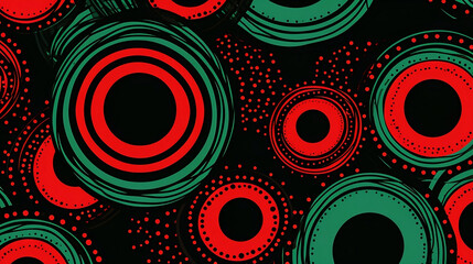 An African print design in red and green with circular shapes. The design features intricate geometric patterns, including stripes, dots or other motifs that evoke cultural richness and vitality.