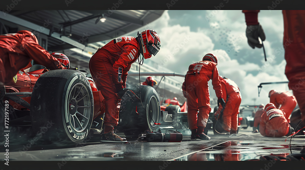 Car Racing Pit Professional pit crew ready for action as their team's race car arrives ...