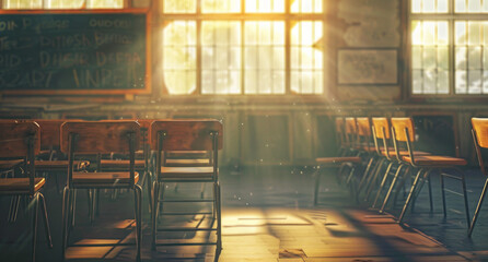 Poster - interior of a old classroom with a chalkboard