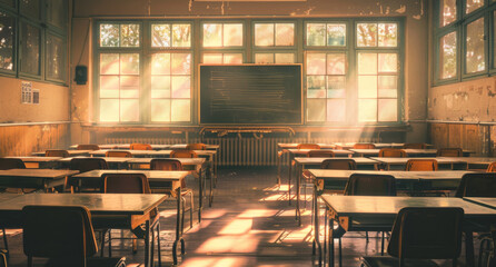 Poster - interior of a old classroom with a chalkboard