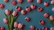 Bouquet of pink tulips on blue background.generative.ai