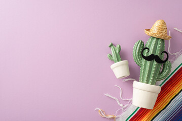 Wall Mural - Cinco de Mayo scene. View from top capturing festive essentials: cactus with mustaches in sombrero and striped serape against a pastel purple background, with empty area for text