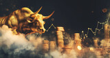 Fototapeta  - Bitcoin bull market concept with golden bull in clouds and bitcoin coins illustration
