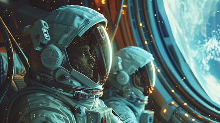 Wall Mural - Two astronauts are looking out of a window in a spaceship. Generative Ai