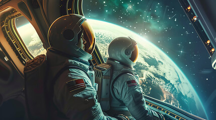 Wall Mural - Two astronauts are looking out of a window in a spaceship. Generative Ai