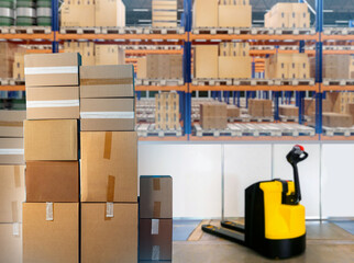 Poster - Warehouse with boxes. Storage area of manufacturing plant. Electric pallet jack near boxes. Warehouse with multi-tiered racks. Courier company storage. Delivery service warehouse. Stack of parcels