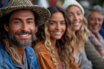 Wall Mural - A happy, diverse group of friends enjoys a summer picnic, smiling and laughing together.