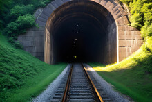 A Railroad Tunnel With A Light At The End. Can Represent Achieving Your Goals, Getting Through Problems And Obstacles Or Simply Represent Exactly What You Can See - An Old Tunnel. Tunnel In The Forest