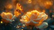 Surrealistic style close up a glowing white rose and stunning golden butterfly. 