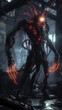Scary horror background with scary black monster with red neon lines, mysticism. Dark wallpaper.