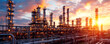 Industrial refinery complex at sunset, fiery sky backdrop. Intricate network of pipes and towers in silhouette