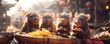 Four rats feasting on fruits in warm light, sharing a meal in a rustic setting. Charming group displaying social behavior