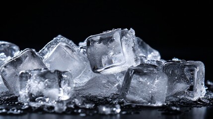 ice cubes reflection on black table background