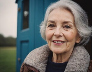 Wall Mural - A senior woman with gray hair is smiling