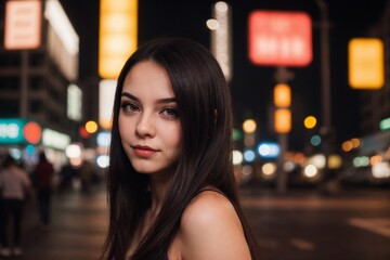 Beautiful woman standing against the city night with neon light and bokeh.