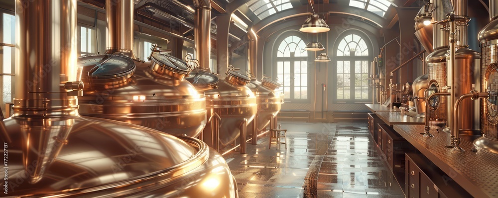 The interior of a modern craft distillery with shining copper stills ...