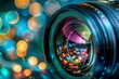 A close-up of a camera lens with a captivating bokeh effect highlighting the intricate lens layers.