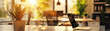 Softly blurred modern workspace, emphasizing a calm, productive atmosphere with strategic lighting