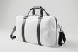 White leather duffle bag mockup with black handles and strap isolated white.