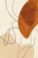 an abstract composition of shapes in the style of black and white line drawing, brown tones, beige background, simple lines