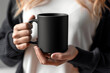 Woman Holding a Black Mockup Drinking Coffee Mug.