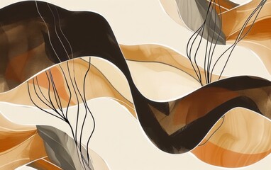 an abstract composition of shapes in the style of black and white line drawing, brown tones, beige background, simple lines