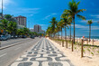 Ipanema beach with mosaic of sidewalk in Rio de Janeiro, Brazil. Ipanema beach is the most famous beach of Rio de Janeiro, Brazil. Cityscape of Rio de Janeiro.