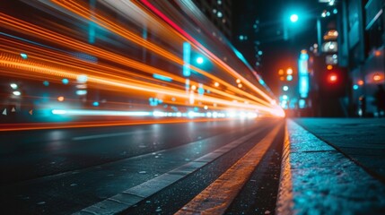 Wall Mural - A blurry photo of a city street at night with cars and lights, AI