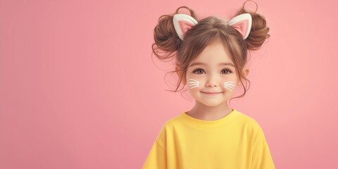 Child paint cat whiskers on faces on pastel background