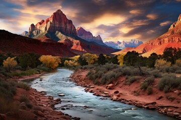 Wall Mural - Captivating Red fantasy river landscape. Cosmos moon. Generate Ai