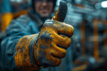 Wall Mural - Smiling worker demonstrating success and professionalism by showing thumbs up.