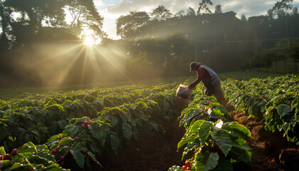 Wall Mural - Coffee farmer working on field, morning sun shines in background, small plants with red berries near. Generative AI