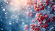 Frozen viburnum berries with hoarfrost on blurred background