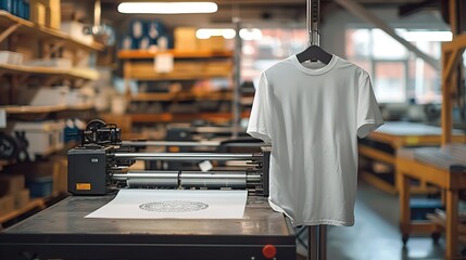 Wall Mural - Chic printing gear in a print business depicting an array of printed or printable t-shirts depicted over the printshop facility and space, Generative AI.